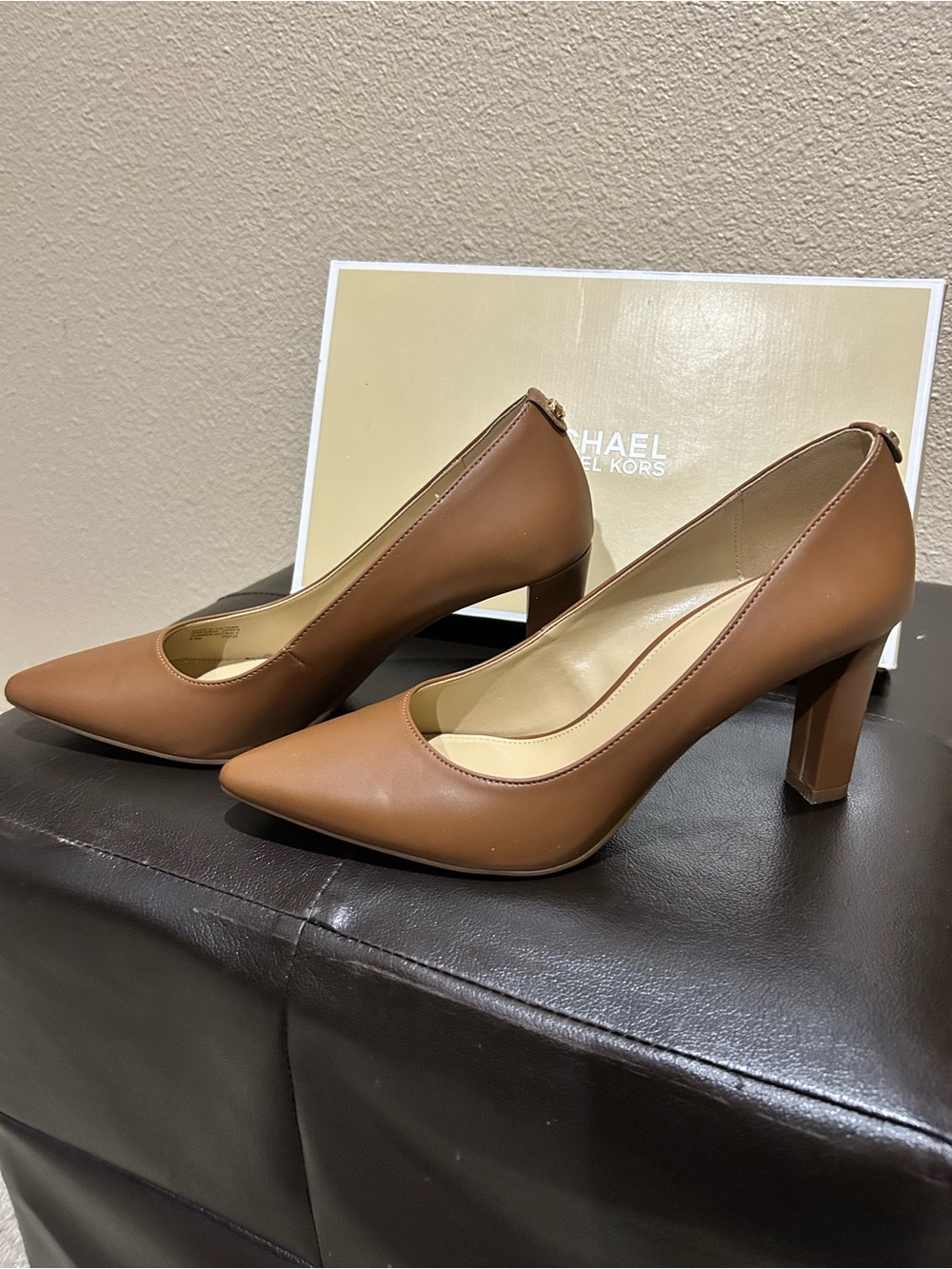 Michael Kors Cognac Pointed-Toe Block Heel Pumps